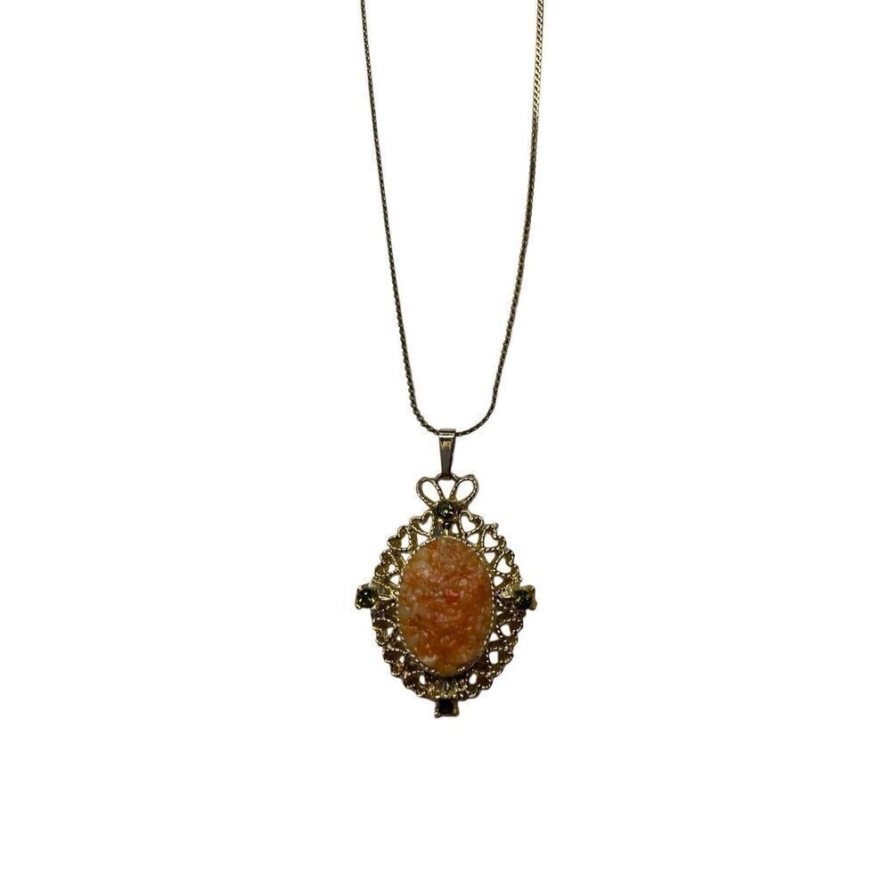 Vintage Gold Tone Filigree Pendant Necklace Orange Stone Green Gems Retro
